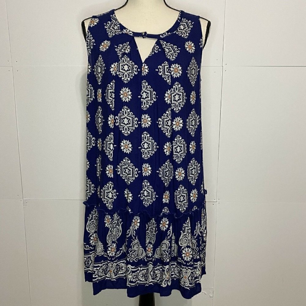 Umgee Small Sleeveless Lace Back Ruffle Tunic Swing Dress Blue Keyhole Neckline